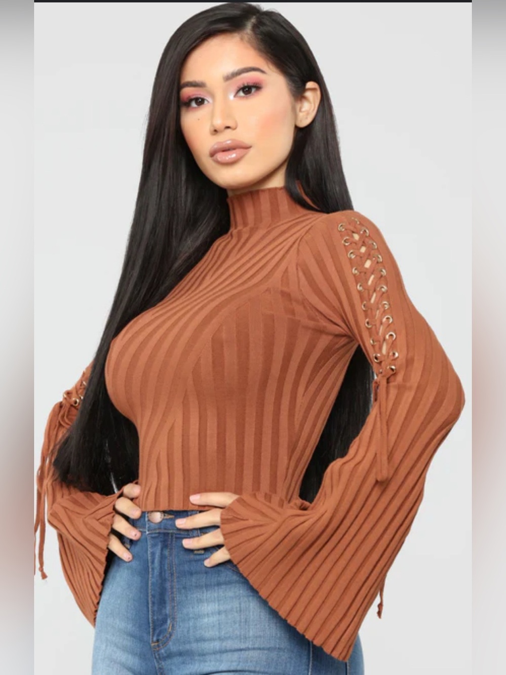 Fashion Nova Ribbed Lace-Up Bell Sleeve Cropped Mock Neck Sweater Rust Brown